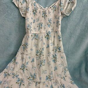 White mini dress with blue florals